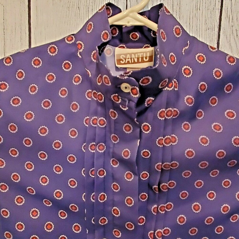 Vintage Santu Women's Banded Neck Red, White & Blue Puckered Sleeve Blouse - Picture 5 of 5